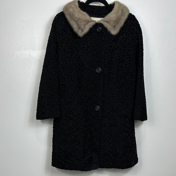 Astrakin By Irving Posluns Vintage Black Mid Length Button Front Coat Size MP - Picture 1 of 9